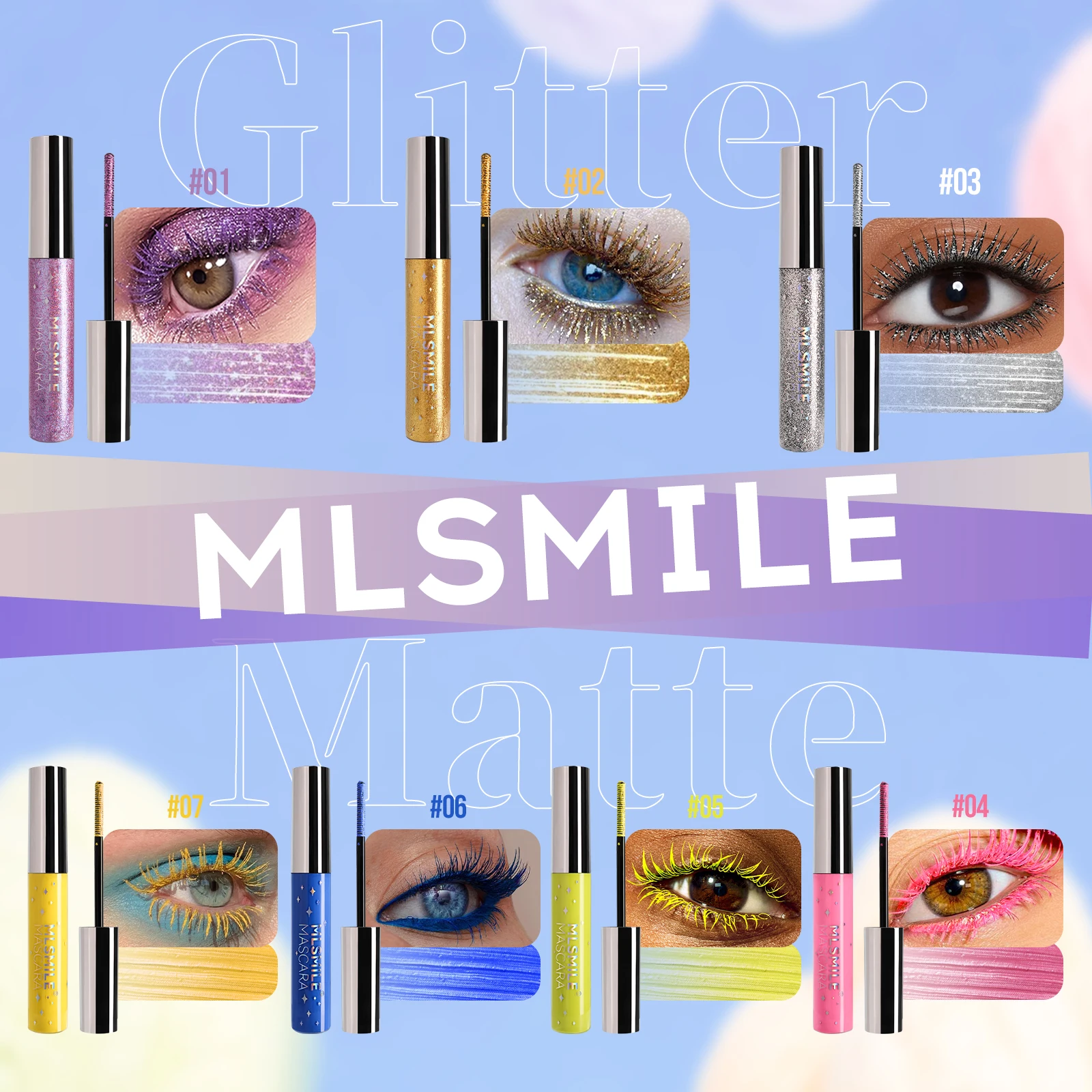 MLSMILE Mascara nacré à paillettes – Maquillage de Noël imperméable et anti-taches avec pinceau en spirale pour cils fins et scintillants