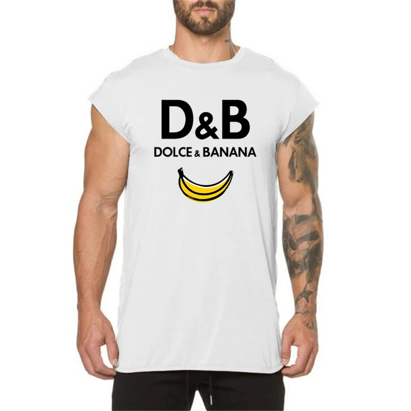 Fashion D&B DOLCE & BANANA Print Cotton Breathable Small Sleeves T-Shirt Gym Fitness Summer Moisture Wicking Men's Casual Shirt