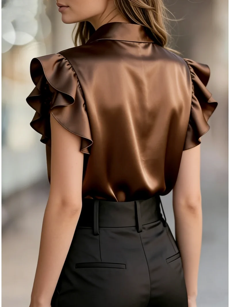 Women's Short Sleeve Ruffle Trim Satin Blouse Button Down Shirt