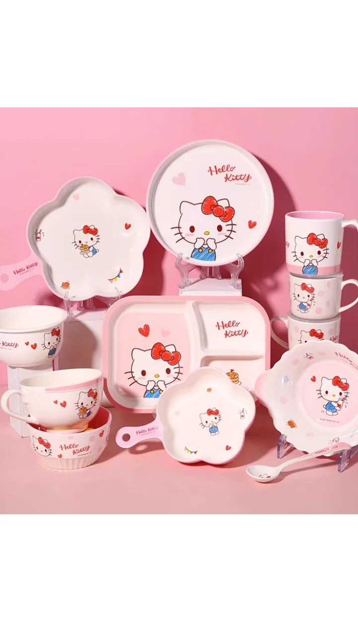 

Sanrio Hello Kitty детская посуда Kawaii аниме меламиновая миска для детского питания чашка посуда высокий внешний вид кухонная утварь подарок для мальчиков и девочек
