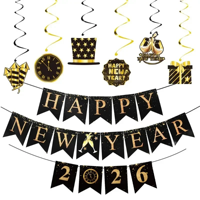 Schwarzgold, frohes neues Jahr 2026, Banner-Dekorationen, hängende Wimpelkette für Spiralewirbel, Neujahrsparty, Decken-Luftschlangen-Dekorationen