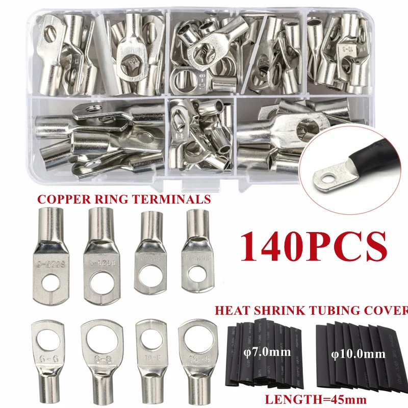 

240/140PCS Battery Welding Lug Copper Termials Electrical Wire Crimp Connector With Heat Shrink Tubing Cover