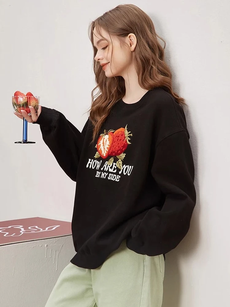 Jmprs Strawberry Women Pure Cotton Sweatshirts Oversize Loose American Retro Pullovers Casual Streetwear Female Vintage Y2K Tops