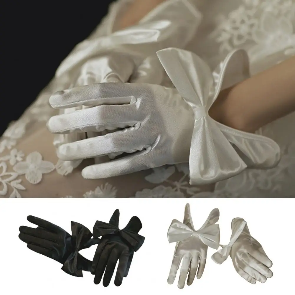 Luvas elegantes de casamento de cetim para mulheres, estilo vintage, antiderrapante suave, arco, elegante, baile, desempenho