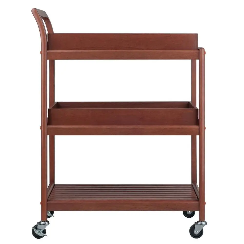 Solid Wood Kitchen Cart On Wheels with Two Removable Serving Trays, Slatted Shelf, and Locking Casters, Versatile Bar Cart