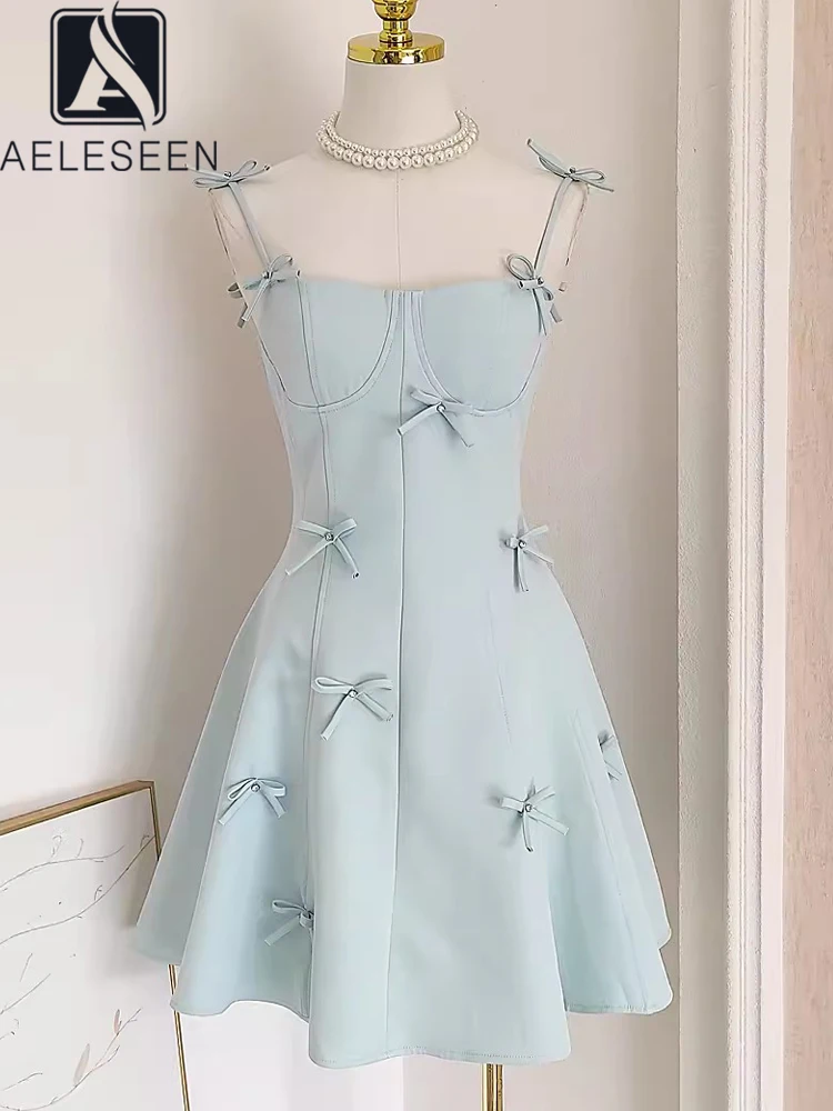 

AELESEEN Sweety Summer Mini Dress Women Spaghetti Strap Design Fashion Bow Diamonds Slim Beach Casual Party Vestidos Ladies