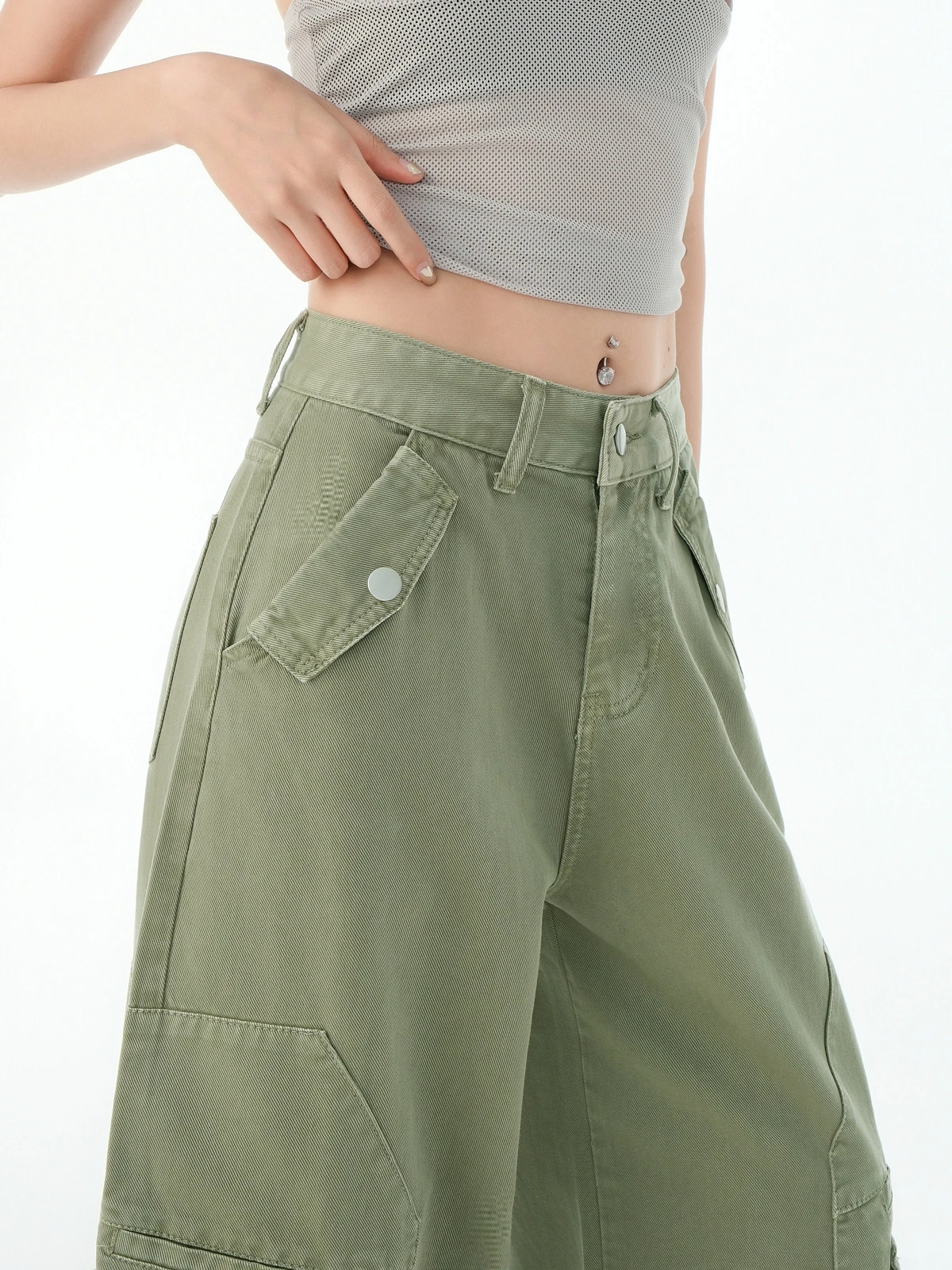 Zhisilao casual carga jeans feminino sólido verde bolso verde perna larga calças de carga reta verão 2025 streetwear