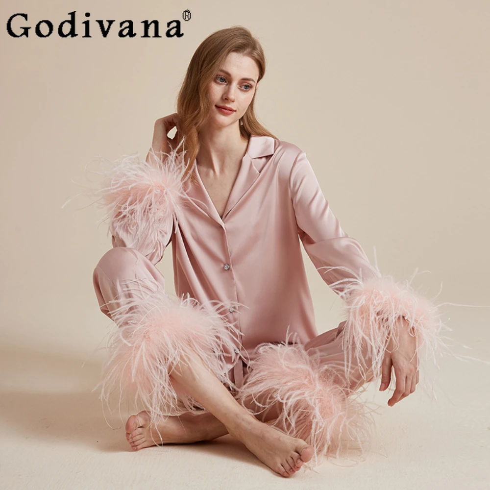 pyjama-a-manches-sulfet-pantalon-pour-princesse-douce-vetements-de-nuit-Elegants-poignets-pieds-parfaits-plumes-printemps-automne