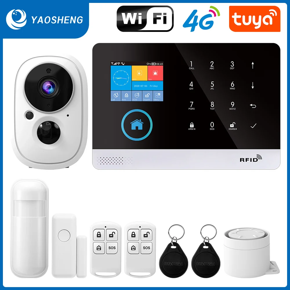 Wireless WIFI 4G Home Security Alarm System For Tuya Smartlife APP With Pet Motion Sensor Smoke Detector supports Alexa & Google