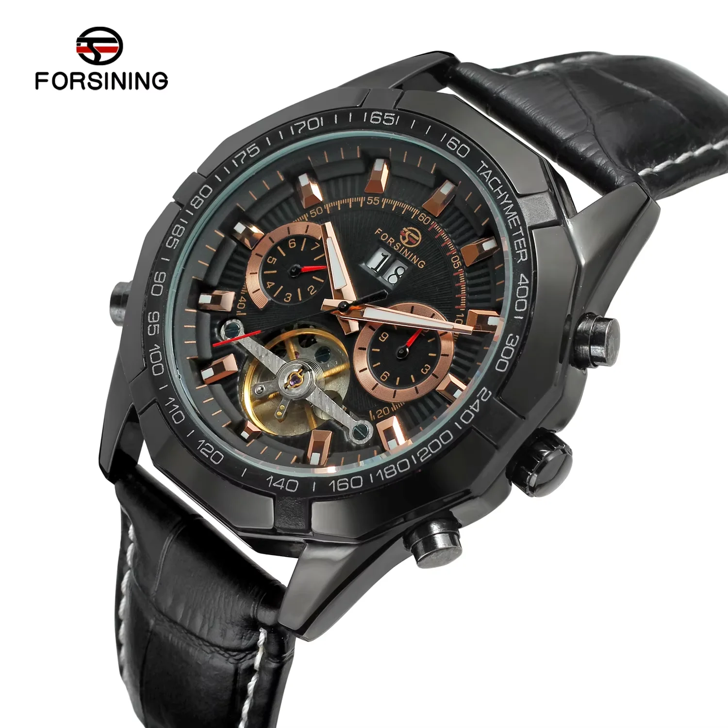 FORSINING Black watch Flywheel double ring pattern mechanical Watch Calendar Display belt wrist watch Men's and women's watches
