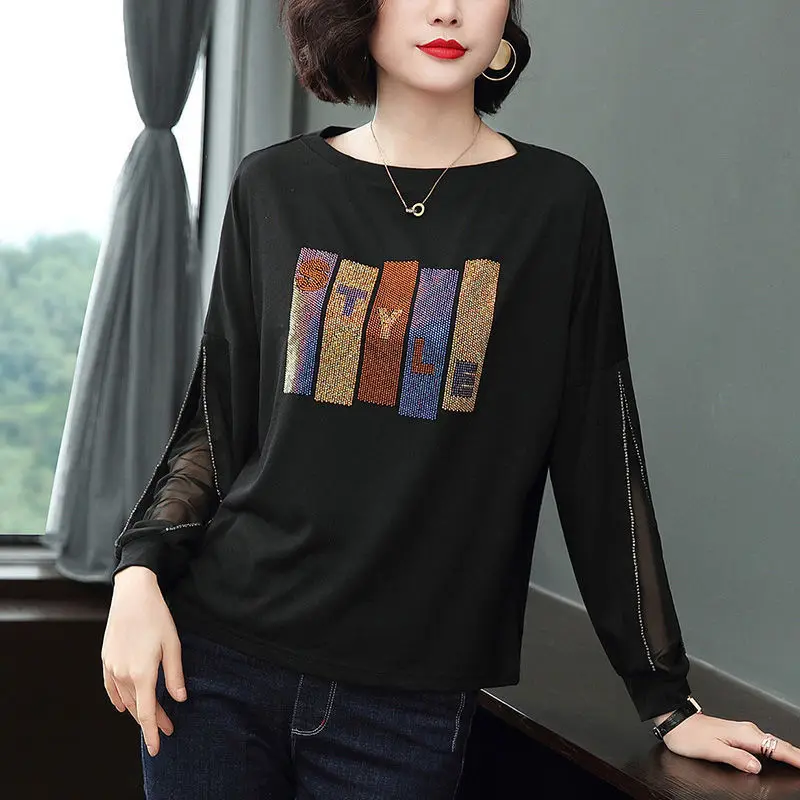 Fashion Hollow Out Spliced Lace Diamonds T-Shirt Women\'s Clothing 2022 Autumn New Loose Casual Pullovers Tops Korean Tee Shirt