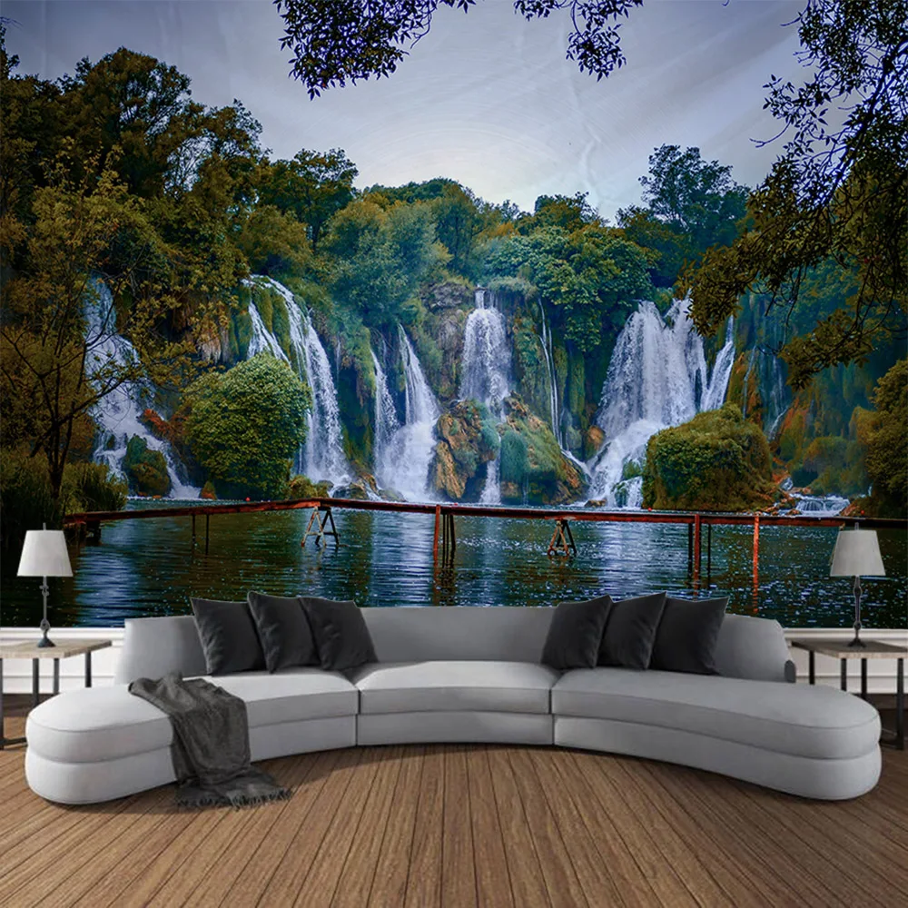 Bohemian style home decoration wall hanging forest waterfall tapestry landscape background cloth bedroom living room dormitory