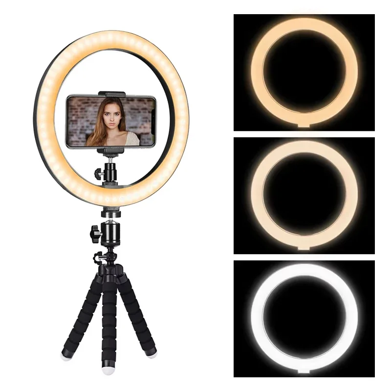 26cm Selfie Ring Light With Mini Tripod Stand 3 Modes Dimmable LED Photographic Lighting for Streaming Makeup Camera Fill Light