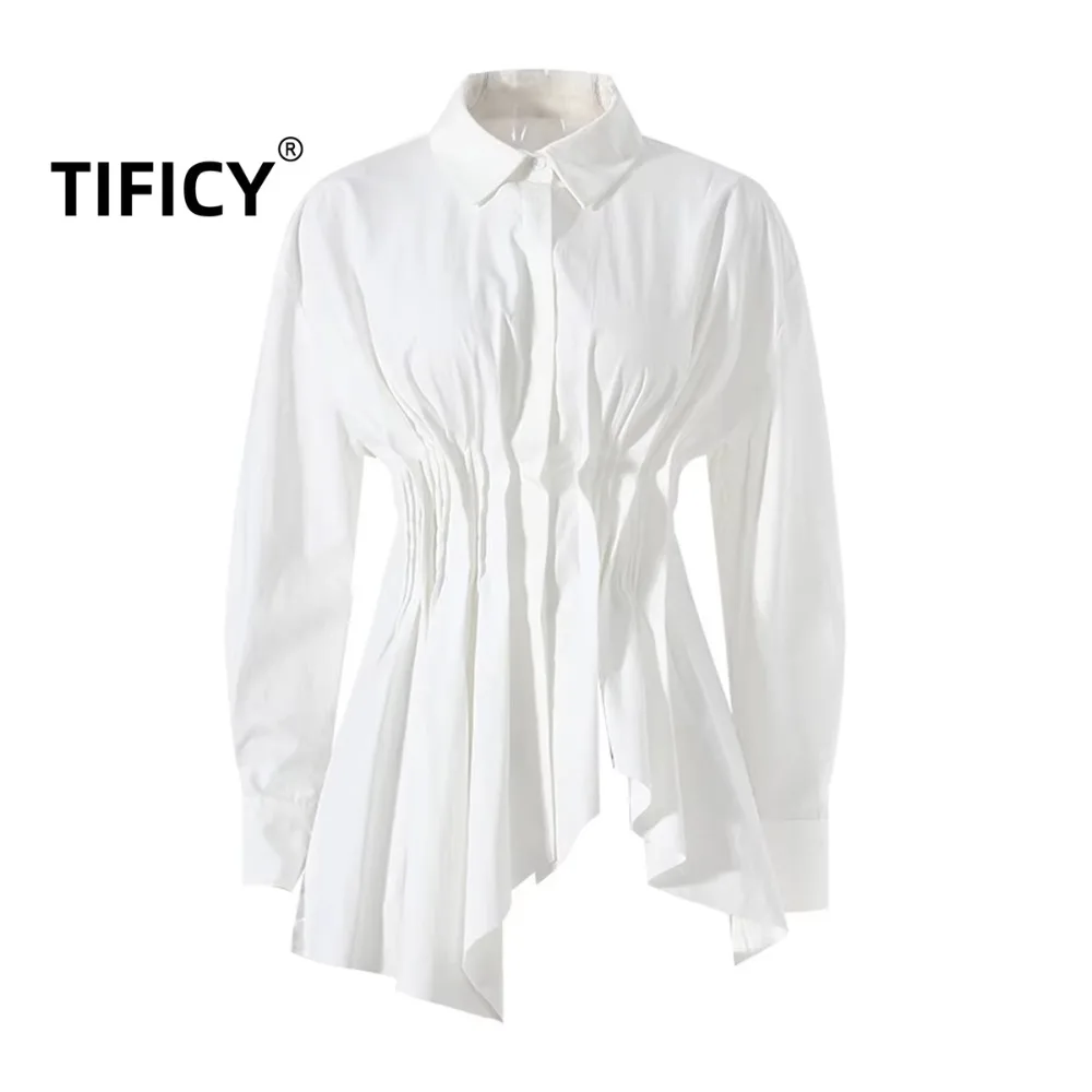 Hem with Irregular Fish Tail Shirt Women's Spring and Summer Temperament Waist Cinched Top with Polo Collar Shirt Tops