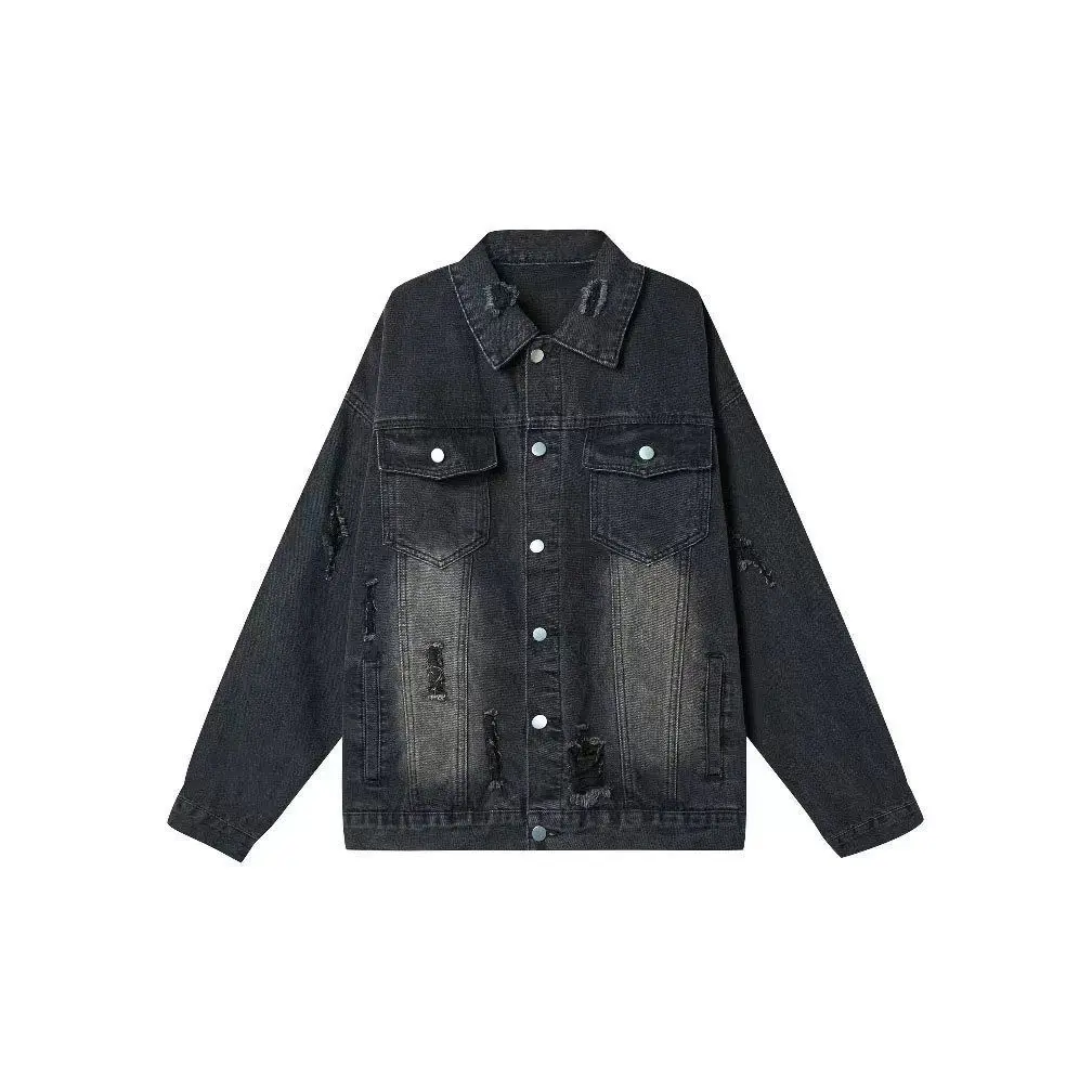 High Street Retro Old Plus Size Denim Jacket For Men And Women 2026 Spring Autumn Couple Coat Ripped Ruffian Handsome Jacket Top