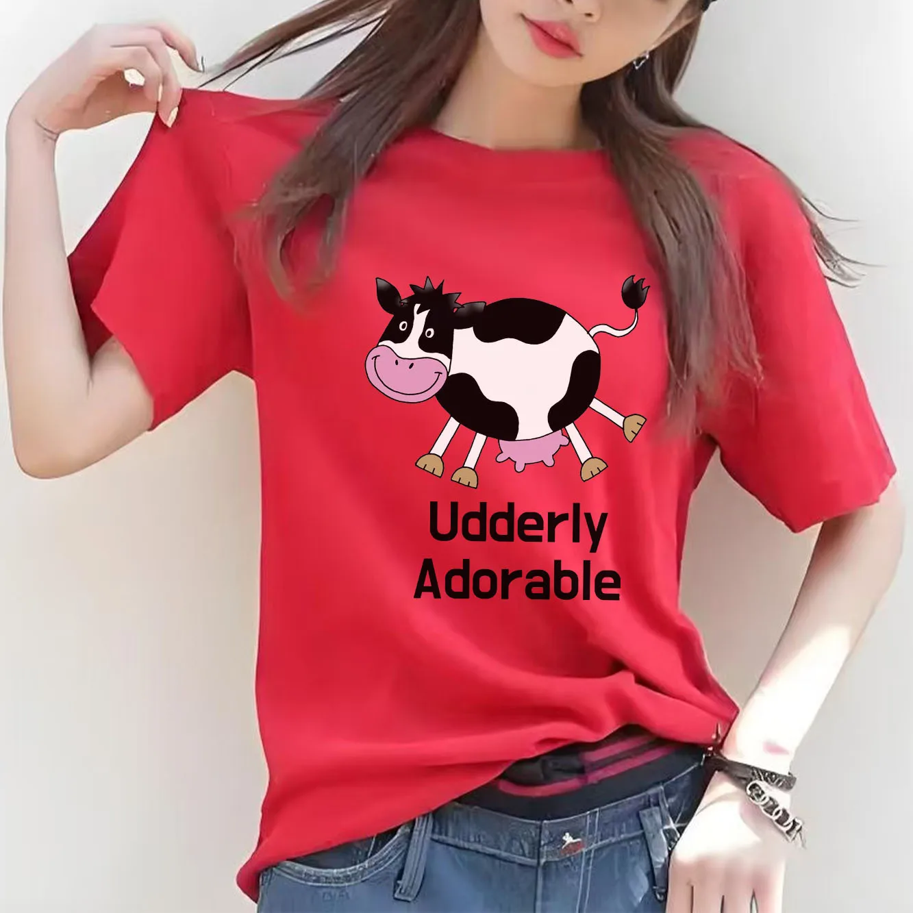 

Cute cow cartoon printed short sleeved round neck versatile fashion women's T-shirt for spring and summer