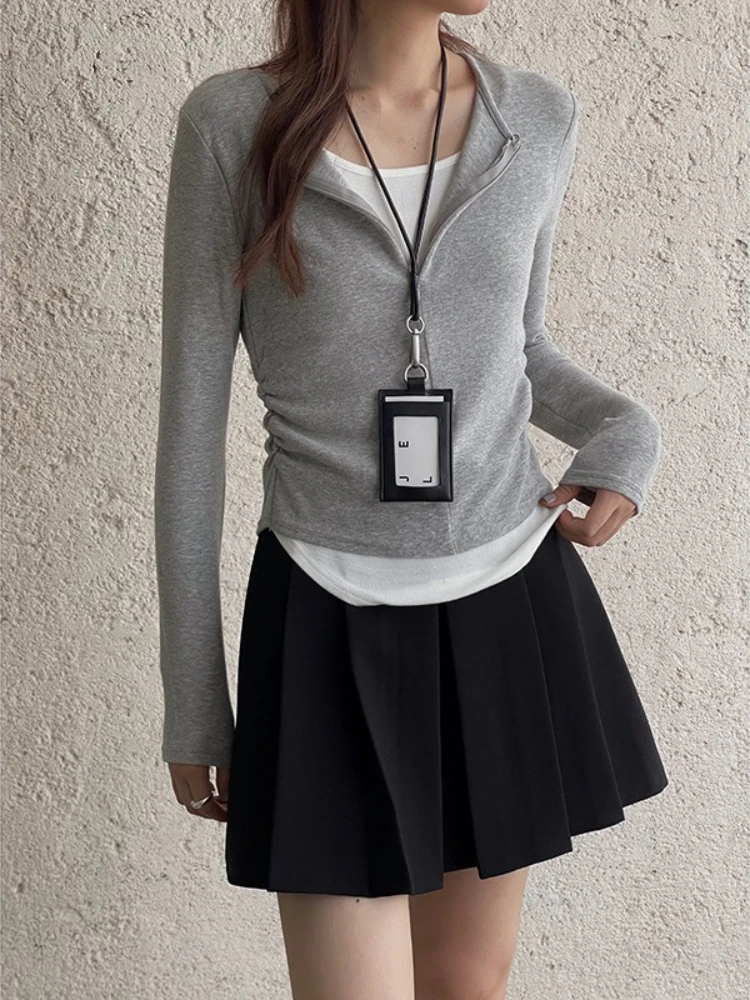 

Women Cropped Zip Up Hoodie Y2K Slim Fit Long Sleeve Jacket Contrasting Casual O Neck T-Shirt Streetwear Tops Women Clothes 2025