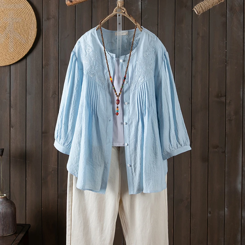 New 2025 Spring Cotton Nine Quarter Sleeve Shirt, Women Stand Embroidery, Mori Girl Retro Commute Casual Loose Blouse T53741CC