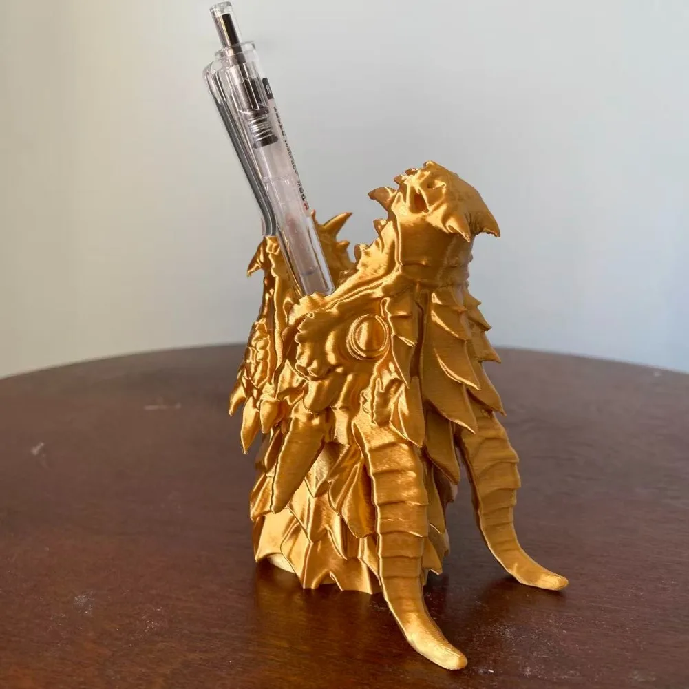 Gold Dragon Head Pen Holder Desk Stationery Organizer Rack 3D Printing Retro Dragon Themed Pencil Storage Box Home Office Decor