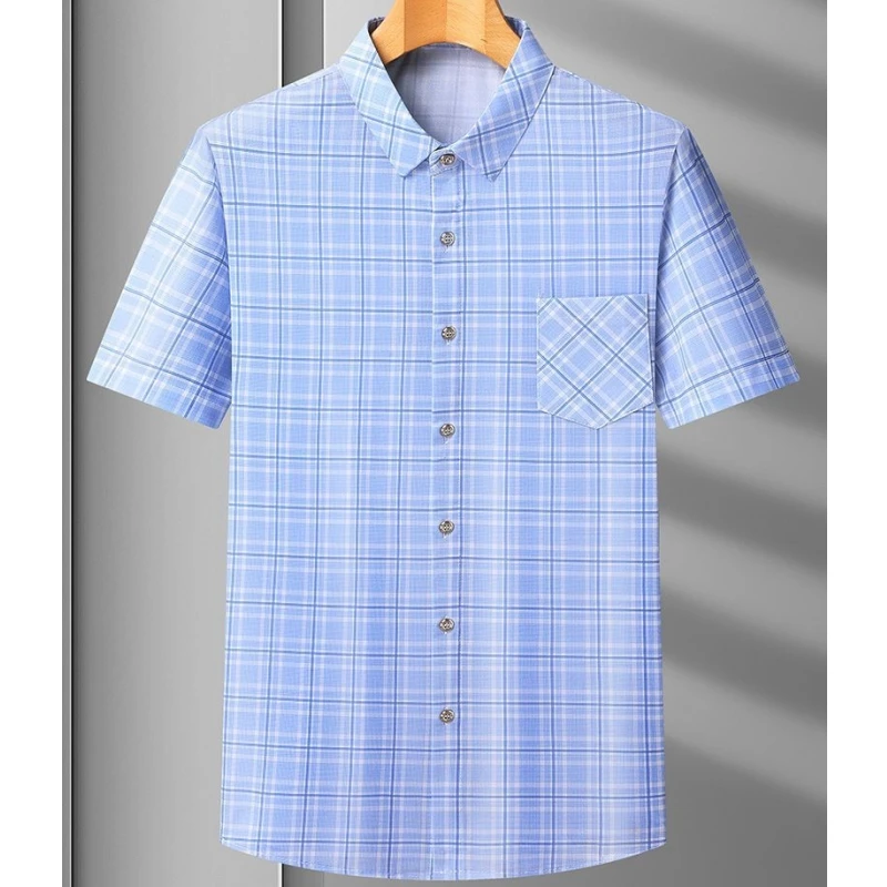 High Grade Ice Silk Short Sleeve Men T-Shirt Luxurious Plaid Tops Breast Pocket Anti Bacterial Breathable Business ShirtS 2PCS