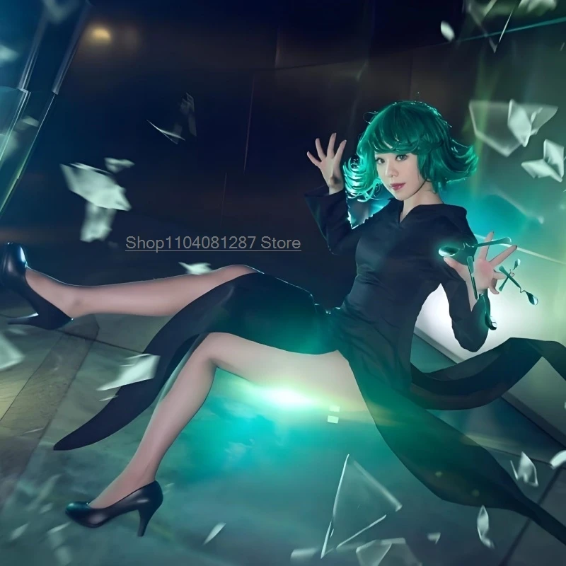 One Punch Man Cosplay Costume com Peruca para Mulheres, Roupa de Halloween, Tornado of Terror, Senritsu No, Tatsumaki, Vestido Preto, Menina, Criança, Adulto