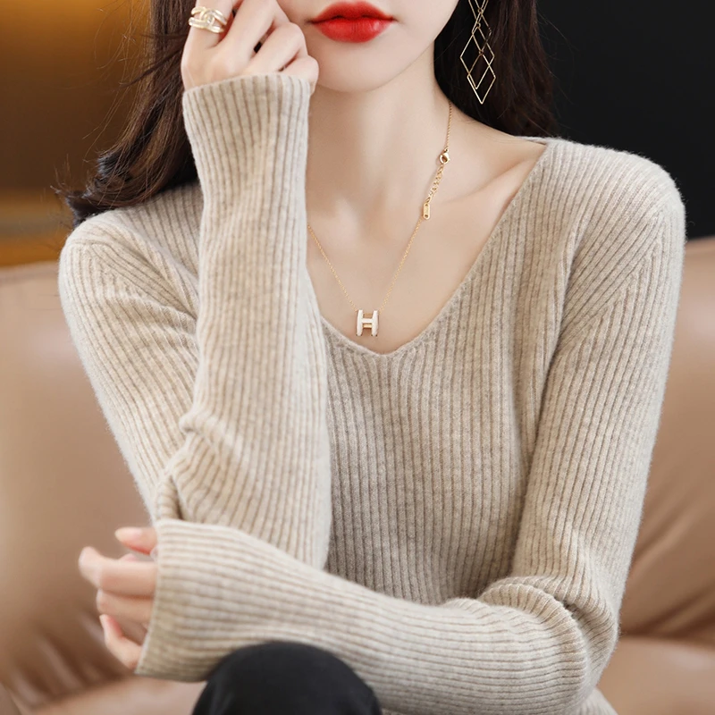 الشتاء المرأة طويلة الأكمام الصوف البلوز سترة الخامس الرقبة محبوك الرباط سترة مرونة عالية الجودة لينة #3