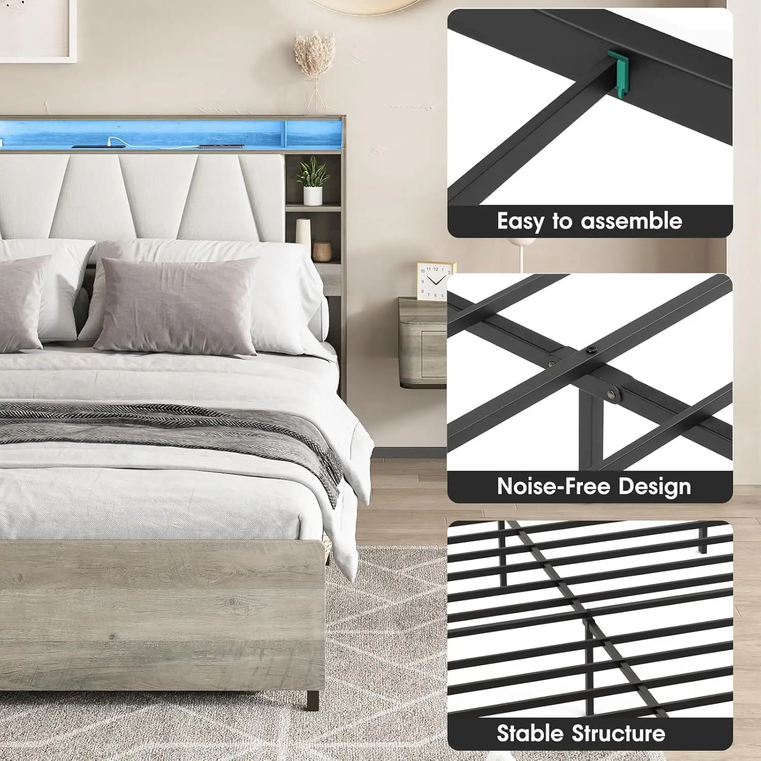 Full Size Bed Frame Storage Headboard LED Lights Charging Station Steel Slat Support Noise-Free - Modern Bedroom Furniture