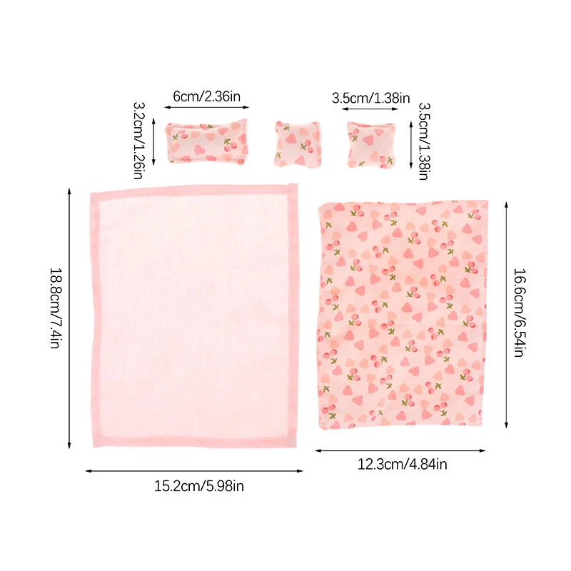 1Set 1:12 Dollhouse Miniature Bed Four Piece Bed Set Bed Sheet Quilt Pillow Quilt Cover Bedroom Bedding Model Decor Toy