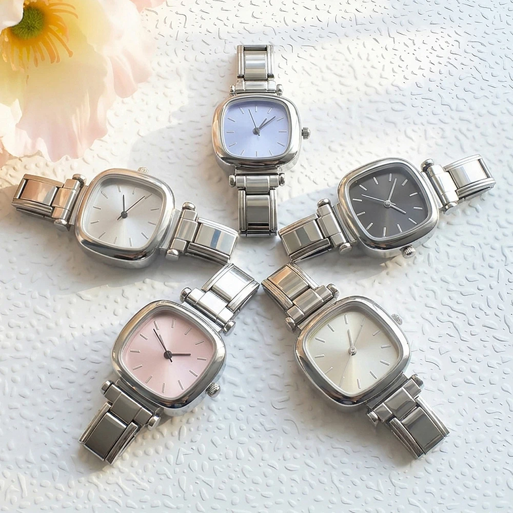 Colorful Square Watch Dial & Connector Stainless Steel Italian Charm Link Trendy Quartz Watch Jewelry for Women Men Gifts ICW070