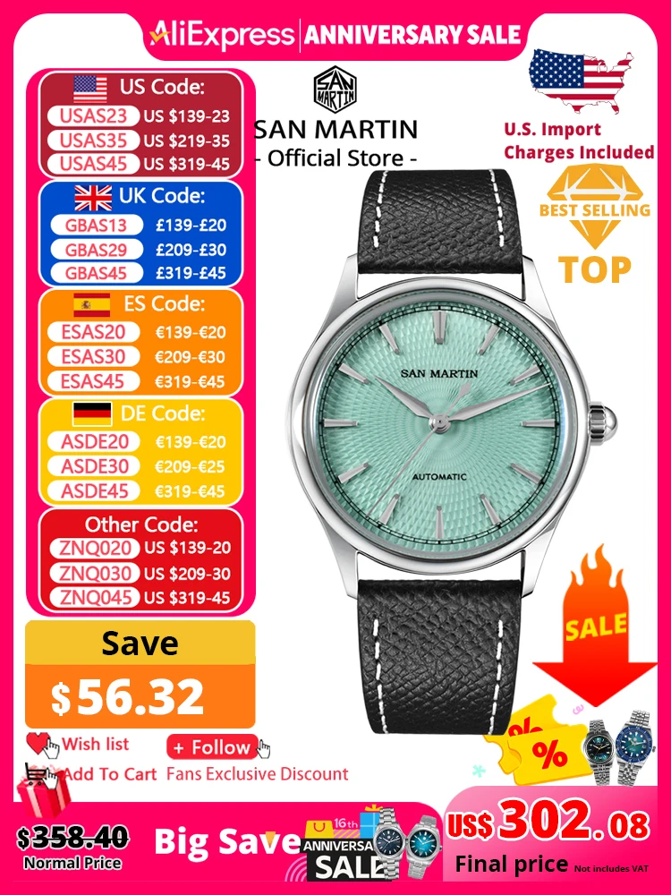 San Martin 37 mm Herren-Kleideruhr, 3D-strukturiertes Zifferblatt, ST1812, lässige Mode, automatisch, mechanisch, Saphirglas, klarer Gehäuseboden, SN0110