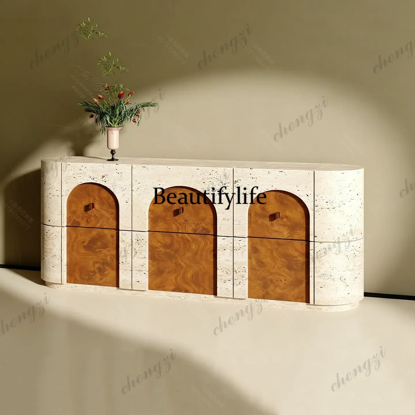 A4567 French medieval imitation cave stone pattern entry, entryway cabinet, wabi-sabi wind arched door,  premium dining side cab