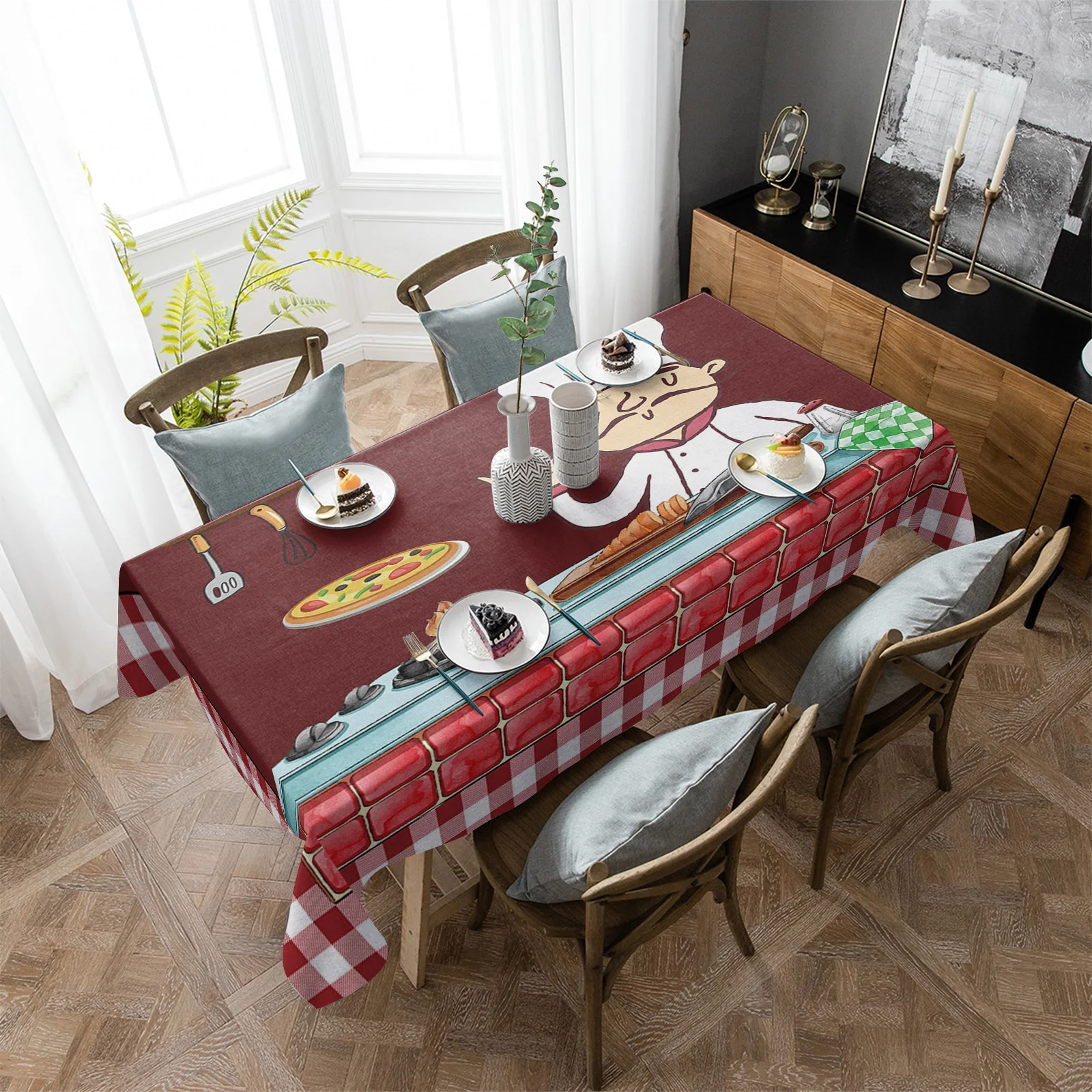 Red Plaid Kitchen Chef Gourmet Waterproof Tablecloth Party Decorations Supplies Rectangle Table Cloth for Kitchen Table Decor