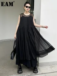 [EAM] Women Black Mesh Perspective Pleated Big Size Elegant Dress New Round Neck Sleeveless Fashion Spring Summer 2024  1DH5841