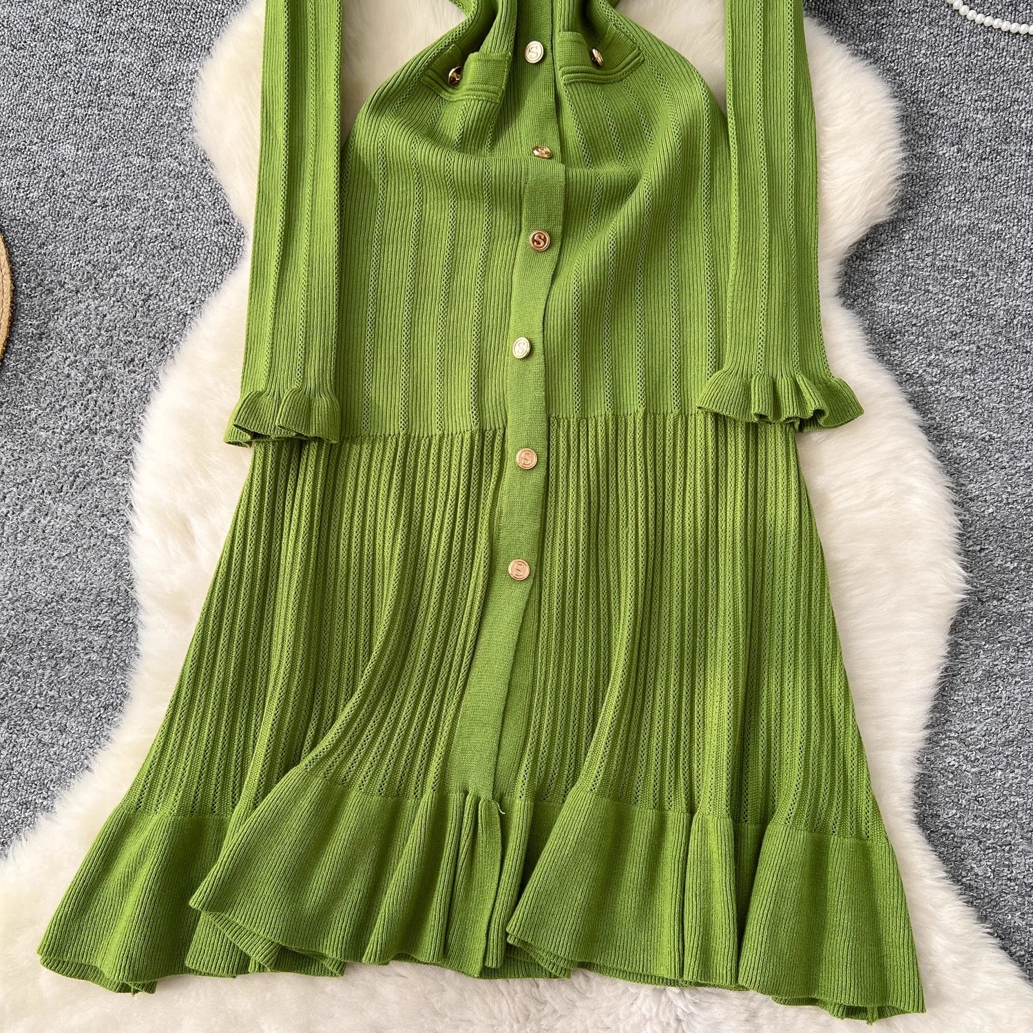 YuooMuoo Marke Mode Vintage Gestrickte Lange Kleid 2025, Herbst Winter Frauen Elegante V-ausschnitt Rüschen Pullover Kleid Party Vestidos