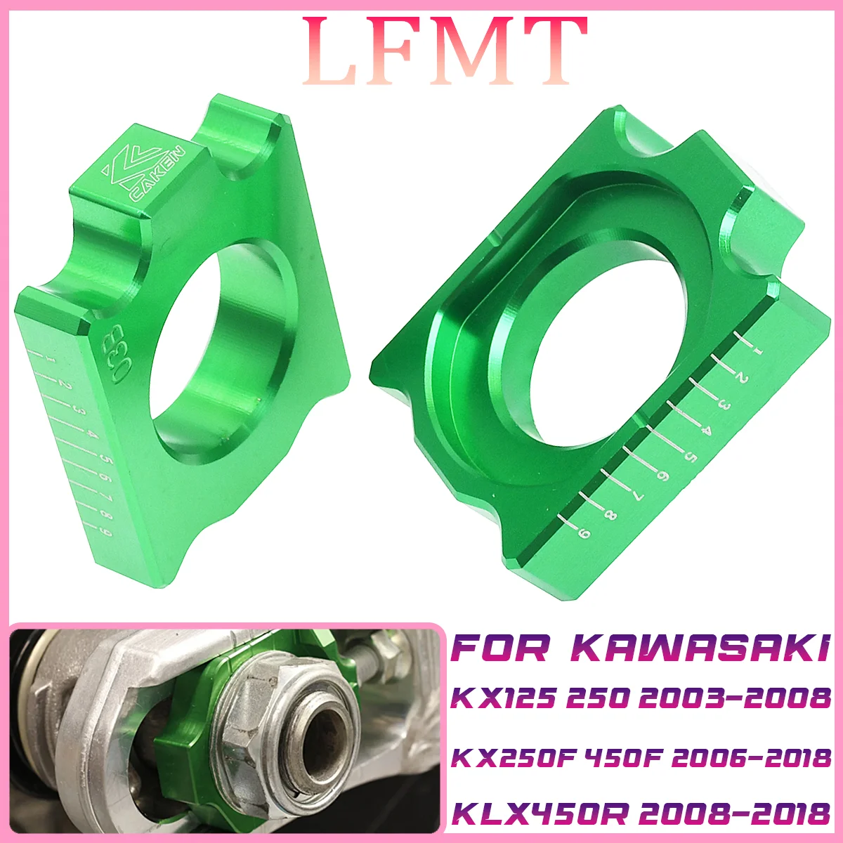 

Motorcycle parts, off-road vehicle, green CNC aluminum axle chain regulator, Kawasaki KX 125 250 450 250F 450F KLX 450R 03-2020