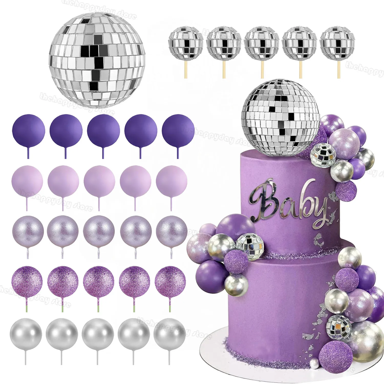 31Pcs Purple Disco Balls Cake Decorations Pearl Glitter Silver Balls Cake Toppers for Wedding Birthday Baby Shower Cupcake Decor