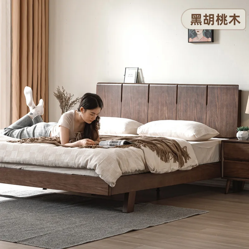 

Кровать из массива дерева от пола до потолка из черного ореха в скандинавском стиле. Современная простая свадебная кровать для главной спальни, двуспальная кровать, точечная доставка