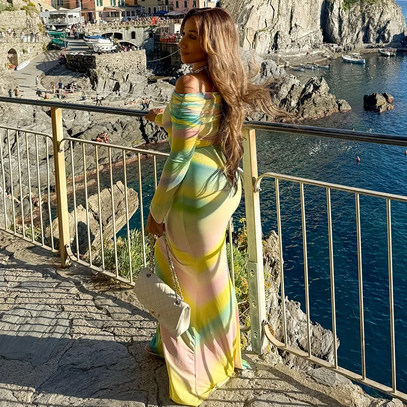 섹시한 멀티 프린트 주름 바디콘 맥시 드레스 여성 오프숄더 긴팔 슬림 스트레치 나이트클럽 파티 롱 드레스
