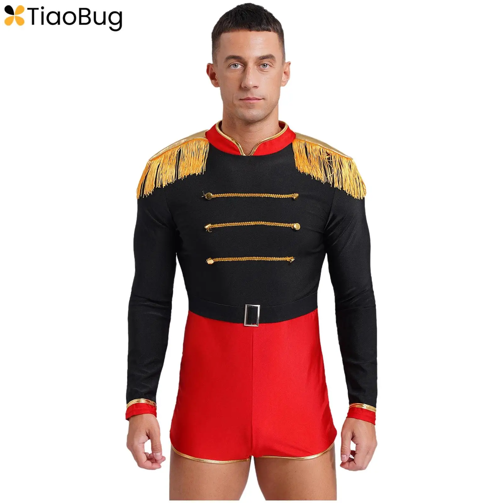 

Mens Halloween Circus Ringmaster Jumpsuit Carnival Party Cosplay Costume Fringe Shoulder Boards Gold Decorated Contrast Bodysuit