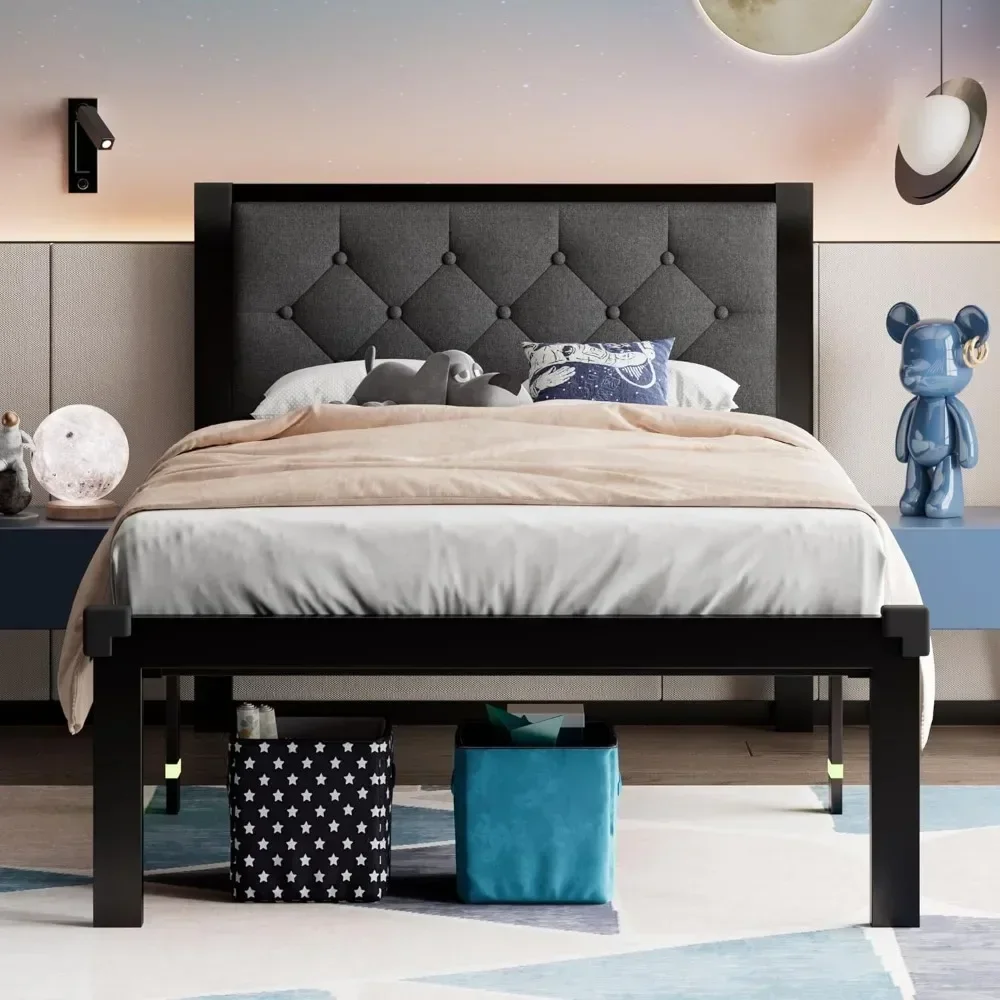 

Queen Size Metal Bed Frame with Faux Leather Button Tufted Headboard, Heavy-Duty Platform Bed Frame with 12" Storage,