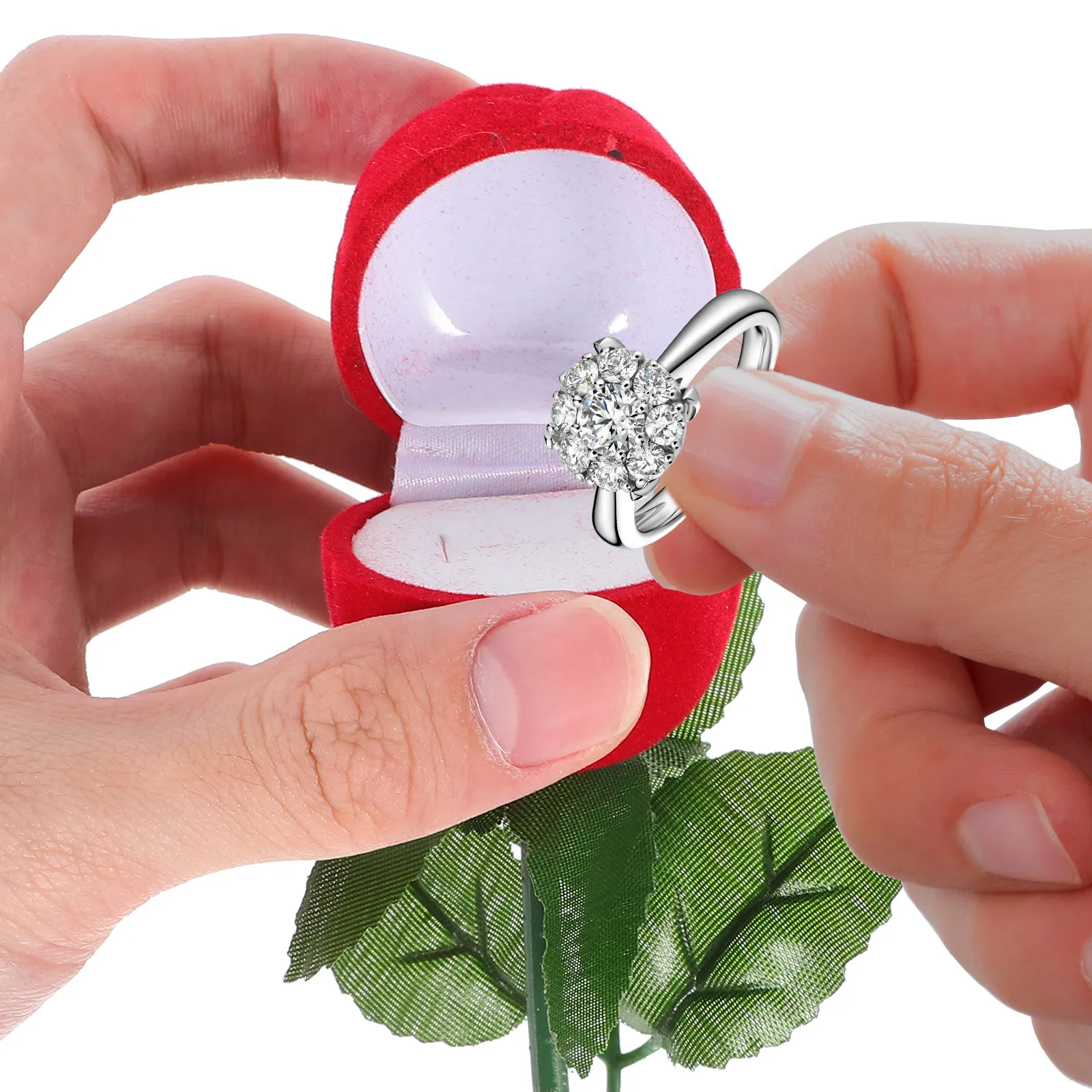 

2Pcs Rose Shape Ring Box Red Breathable Fabric Romantic Design for Proposal Engagement Wedding Party Jewelry Storage Case