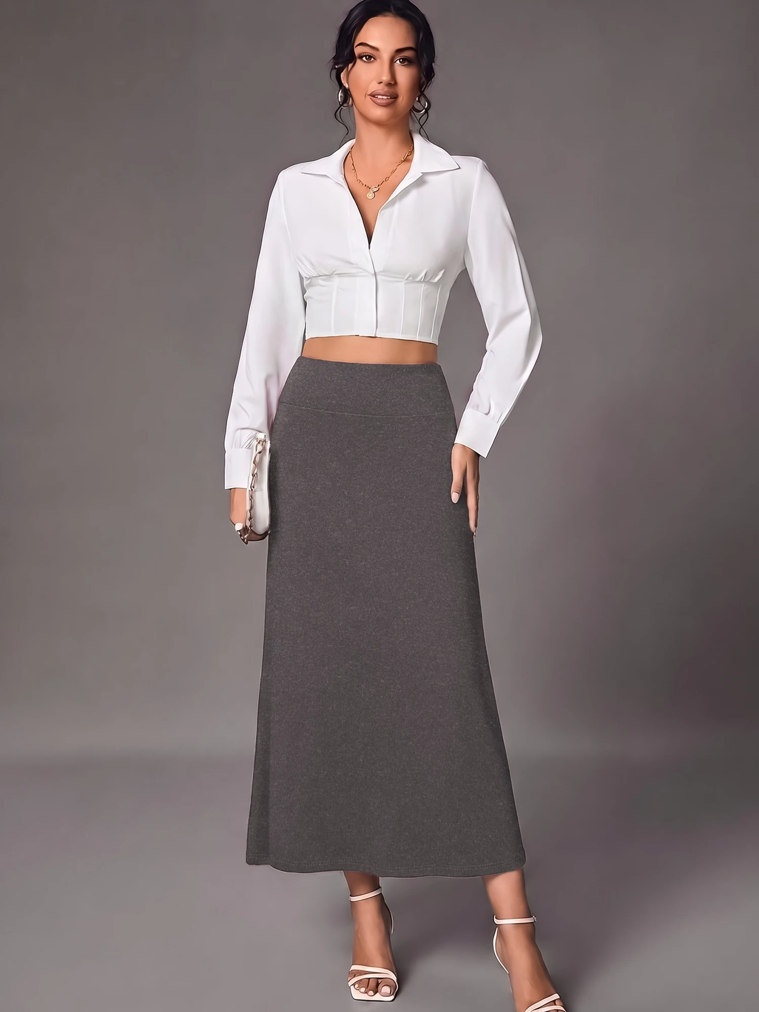 Elegant A-Line Mid-Calf Skirt, Wrinkle Resistant Material, Business Casual Workplace & Interview Attire