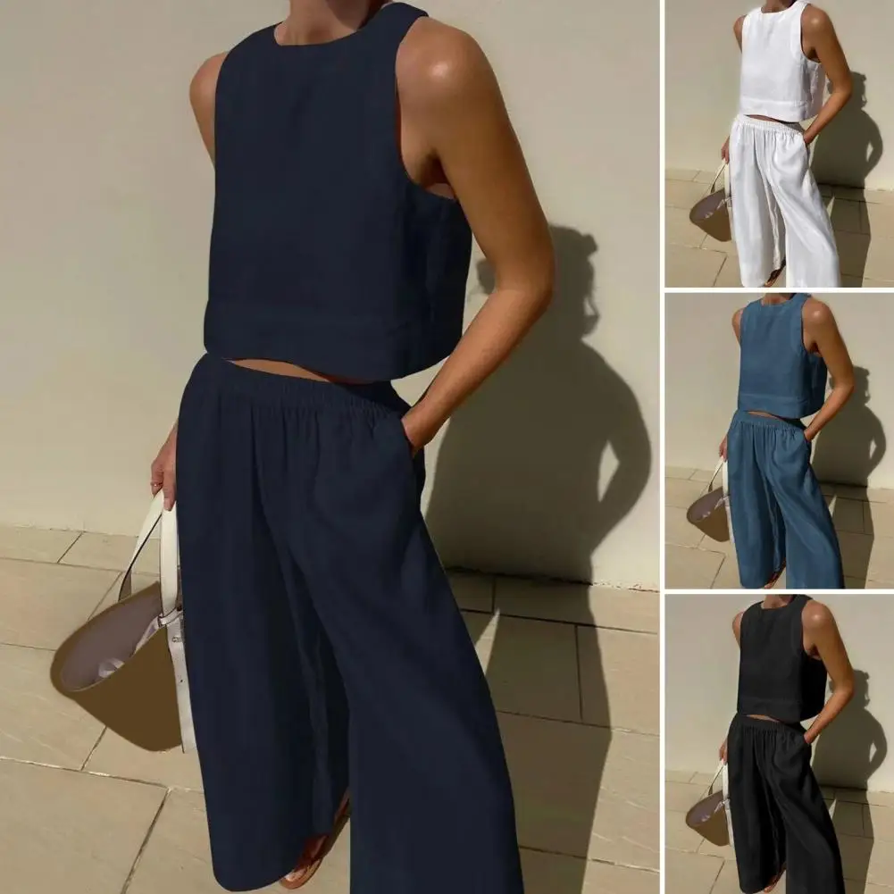 Tank Top Pants Set Stylish Women's Vest Pants Set with High Waist Pockets Wide Leg Design Sleeveless Crop Top for Casual