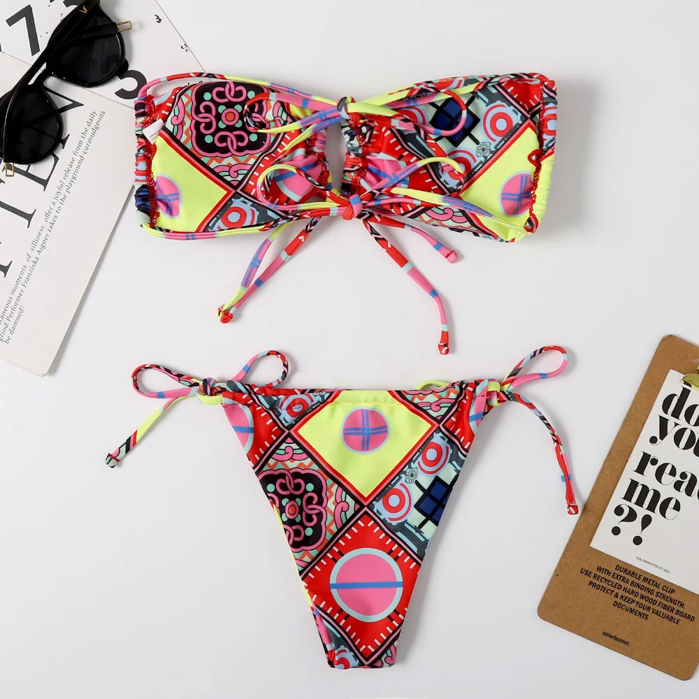 Boho Print String Bikini Bandeau Swimsuit Backless Lace Up Vacation Swimwear Women Beach Outfit Bathing Suit Bikini Set Biquini