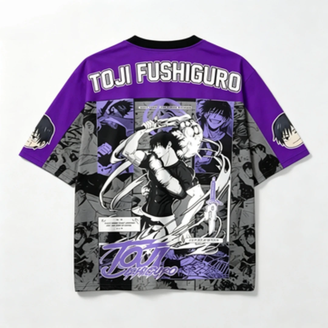 Jujutsu Return Toji Fushiguro Printed Purple Black V-neck Mesh Manga Panel Background Pattern Sports and Leisure T-shirt