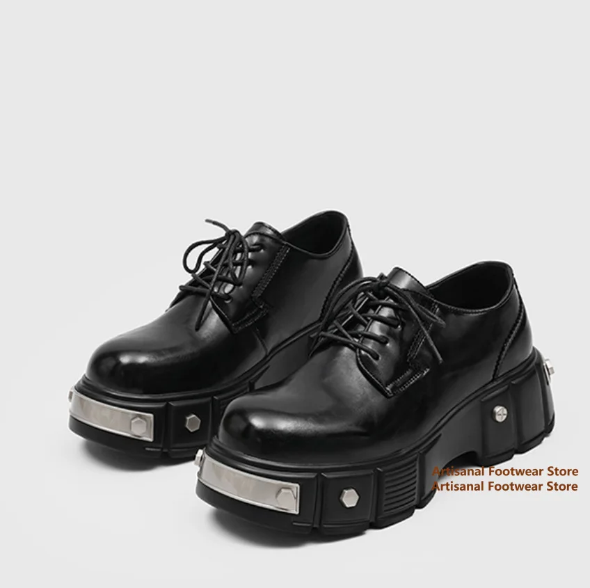 

Black Chunky Platform Derby Shoes with Metal Toe Cap Gothic Punk Lace-Up Oxfords Streetwear Chunky Shoes Trendy Men's Shoes