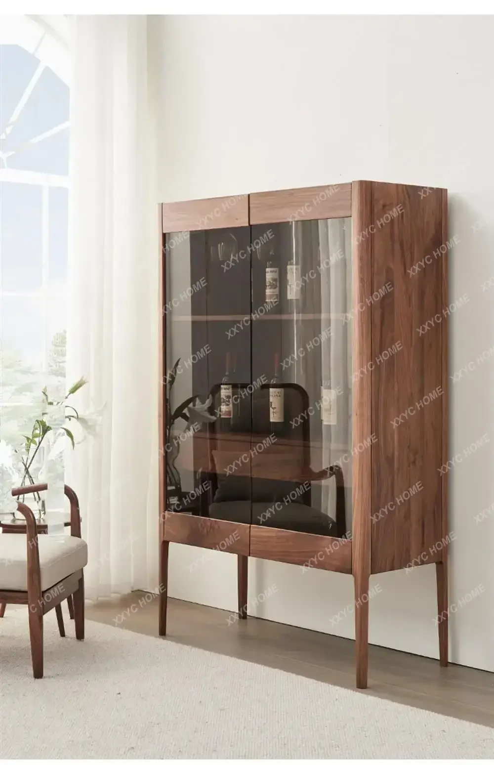 North American Black Walnut Wine Cabinet Living Room  Light Luxury Wall High-grade Solid Wood Glass Door Cabinet