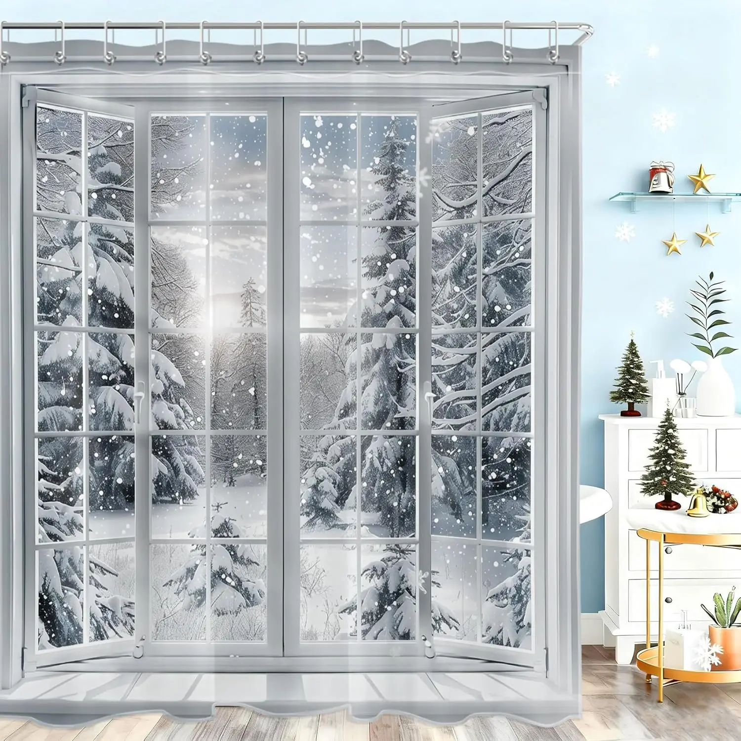 

Winter Snow Shower Curtain Nature Landscape Snowy Forest Pine Tree with Grey Window Bathroom Shower Curtain White Snowflake