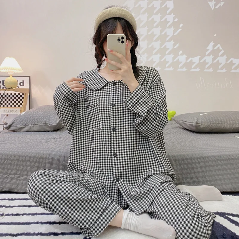 Plus Size Pajama Mujer Cherry Print Sleepwear Set Long Sleeve Top+Pants Ruffle Homewear Skin-Friendly Breathable