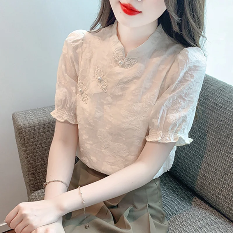

Short Sleeve Shirts Womens Chiffon Shirring Pintuck Balloon Sleeve Top Campus Romantic French Girlish Student College Artistic